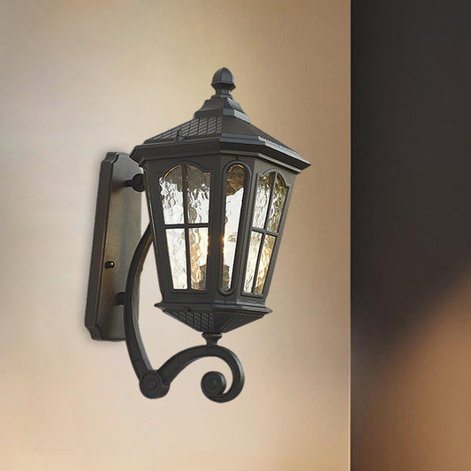 Lantern Porch Wall Lighting Traditional Dimpled Glass 9.5"/12" W 1-Bulb Black/Brass Wall Mounted Light, Up/Down Clearhalo 'Art deco wall lights' 'Cast Iron' 'Glass' 'Industrial wall lights' 'Industrial' 'Middle century wall lights' 'Modern' 'Rustic wall lights' 'Tiffany' 'Traditional wall lights' 'Wall Lamps & Sconces' 'Wall Lights' Lighting' 1687951