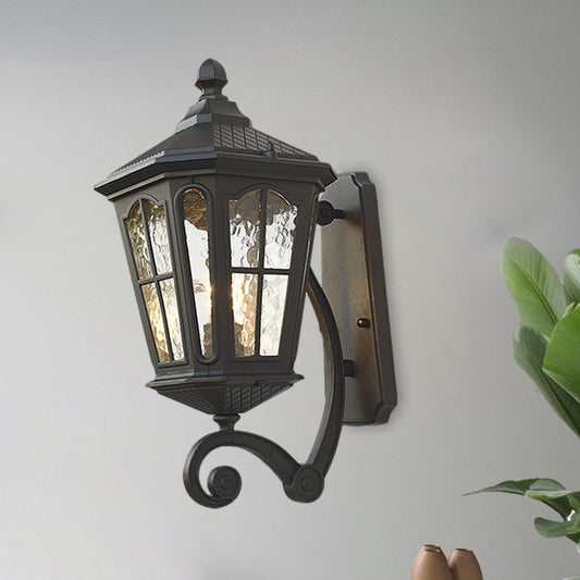 Lantern Porch Wall Lighting Traditional Dimpled Glass 9.5"/12" W 1-Bulb Black/Brass Wall Mounted Light, Up/Down Clearhalo 'Art deco wall lights' 'Cast Iron' 'Glass' 'Industrial wall lights' 'Industrial' 'Middle century wall lights' 'Modern' 'Rustic wall lights' 'Tiffany' 'Traditional wall lights' 'Wall Lamps & Sconces' 'Wall Lights' Lighting' 1687952