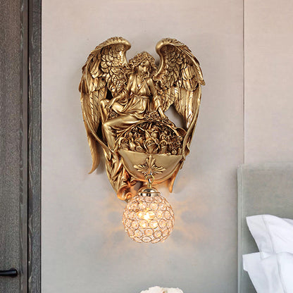 Single Light Wall Sconce Classic Style Water Drop/Dome Hand-Cut Crystal Wall Lighting Idea with Angel and Blossom Design in Gold/Dark Gold Dark Gold Dome Clearhalo 'Wall Lamps & Sconces' 'Wall Lights' Lighting' 1688036