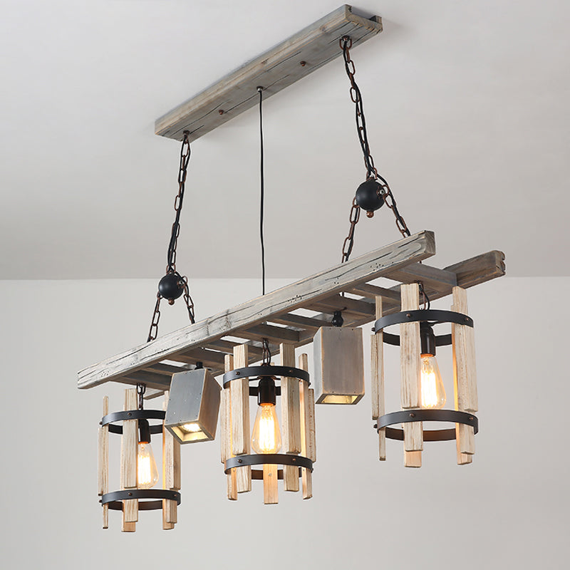 Grey/Brown 5 Lights Drop Pendant Farmhouse Wood Cylinder Frame Island Lighting with Ladder Design Clearhalo 'Ceiling Lights' 'Island Lights' Lighting' 1688046