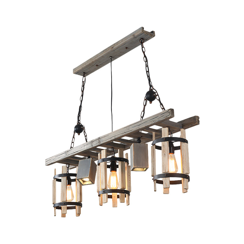 Grey/Brown 5 Lights Drop Pendant Farmhouse Wood Cylinder Frame Island Lighting with Ladder Design Clearhalo 'Ceiling Lights' 'Island Lights' Lighting' 1688047