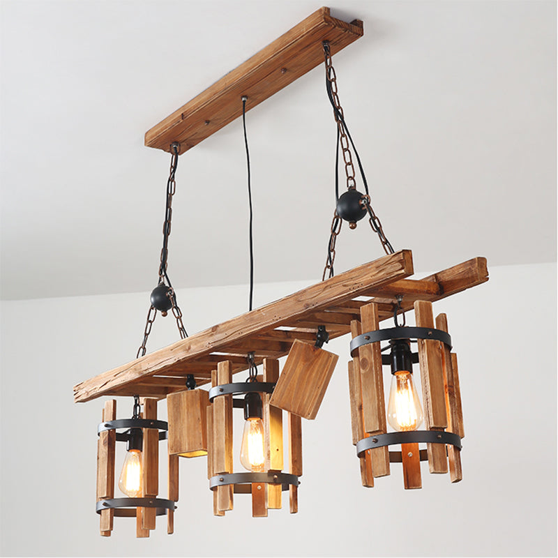 Grey/Brown 5 Lights Drop Pendant Farmhouse Wood Cylinder Frame Island Lighting with Ladder Design Clearhalo 'Ceiling Lights' 'Island Lights' Lighting' 1688050