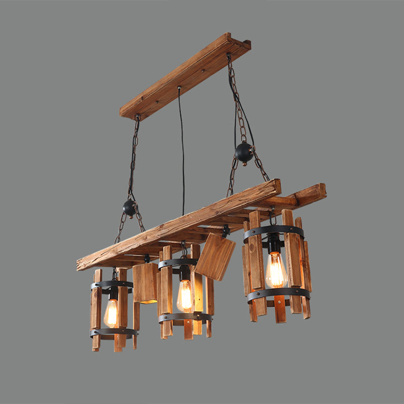 Grey/Brown 5 Lights Drop Pendant Farmhouse Wood Cylinder Frame Island Lighting with Ladder Design Clearhalo 'Ceiling Lights' 'Island Lights' Lighting' 1688051