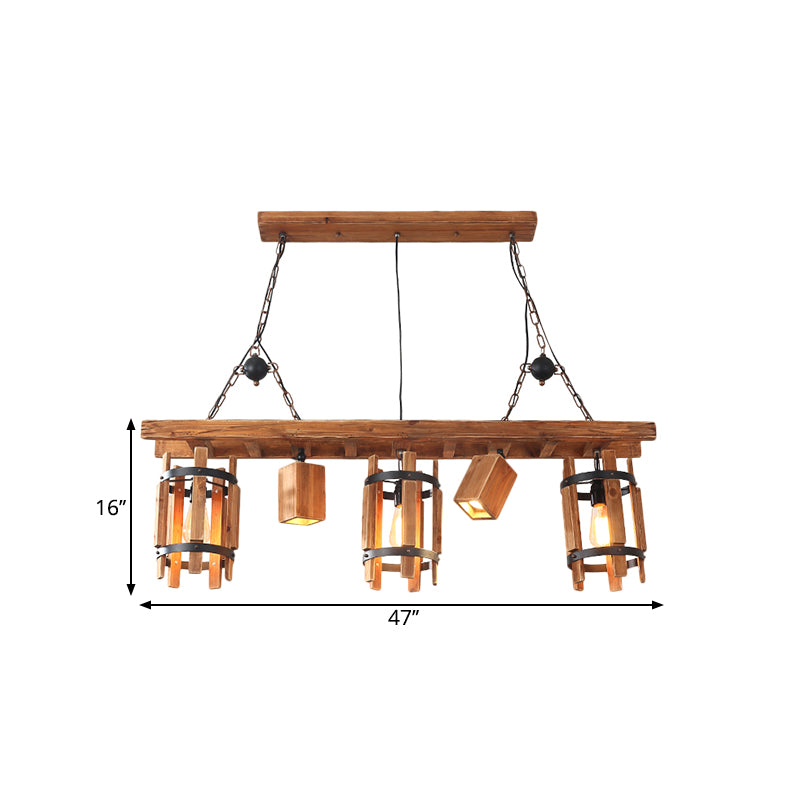 Grey/Brown 5 Lights Drop Pendant Farmhouse Wood Cylinder Frame Island Lighting with Ladder Design Clearhalo 'Ceiling Lights' 'Island Lights' Lighting' 1688053