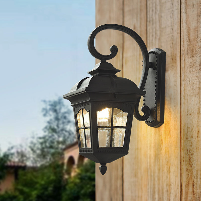 1 Light Seedy Glass Wall Lamp Antique Black Lantern Doorway Wall Light with Up/Down Curved Arm, 10"/12.5" W Black Down Clearhalo 'Art deco wall lights' 'Cast Iron' 'Glass' 'Industrial wall lights' 'Industrial' 'Middle century wall lights' 'Modern' 'Rustic wall lights' 'Tiffany' 'Traditional wall lights' 'Wall Lamps & Sconces' 'Wall Lights' Lighting' 1688054