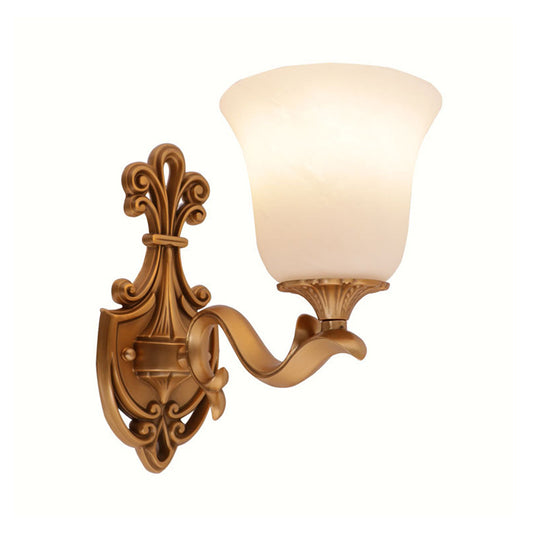 Brass 1 Hear Wall Light Countryside Opal Glass Bell Shaped Wall Sconce Lighting with Curvy Arm Clearhalo 'Wall Lamps & Sconces' 'Wall Lights' Lighting' 1688080