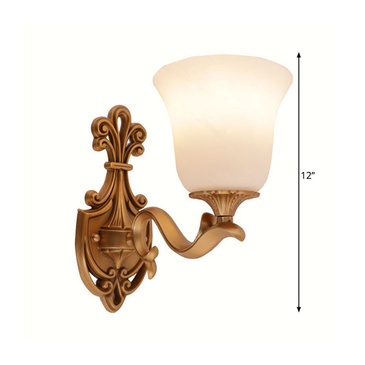 Brass 1 Hear Wall Light Countryside Opal Glass Bell Shaped Wall Sconce Lighting with Curvy Arm Clearhalo 'Wall Lamps & Sconces' 'Wall Lights' Lighting' 1688081