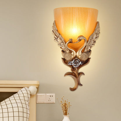 Resin Goose Wall Lighting Ideas Classic 1 Bulb Bedroom Wall Lamp in Gold with Bowl Amber Ribbed Glass Shade Gold Clearhalo 'Wall Lamps & Sconces' 'Wall Lights' Lighting' 1688082