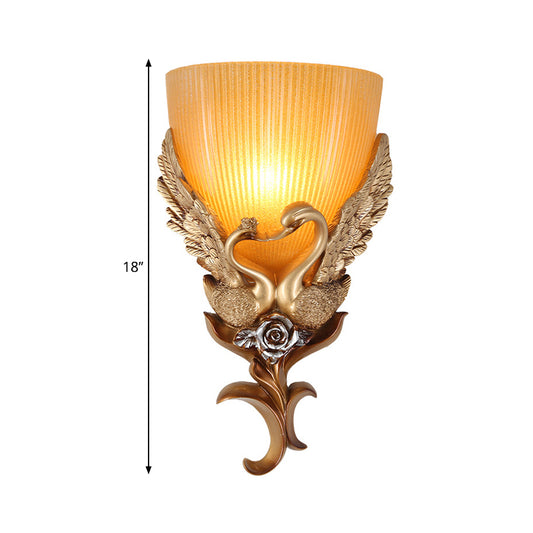 Resin Goose Wall Lighting Ideas Classic 1 Bulb Bedroom Wall Lamp in Gold with Bowl Amber Ribbed Glass Shade Clearhalo 'Wall Lamps & Sconces' 'Wall Lights' Lighting' 1688085