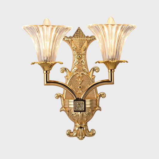 Clear Fluted Glass Gold Wall Lamp Tapered 2-Light Rustic Style Wall Lighting Fixture Clearhalo 'Wall Lamps & Sconces' 'Wall Lights' Lighting' 1688168