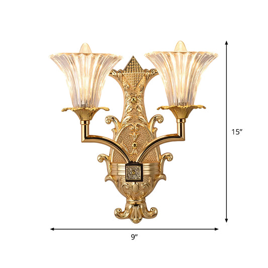 Clear Fluted Glass Gold Wall Lamp Tapered 2-Light Rustic Style Wall Lighting Fixture Clearhalo 'Wall Lamps & Sconces' 'Wall Lights' Lighting' 1688170