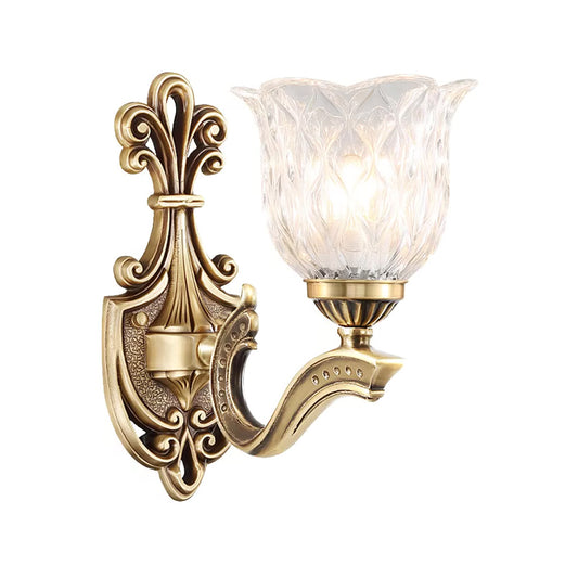 1/2-Head Wall Lighting Idea Cottage Blossom Clear Lattice Glass Brass Sconce Light Fixture Clearhalo 'Wall Lamps & Sconces' 'Wall Lights' Lighting' 1688173