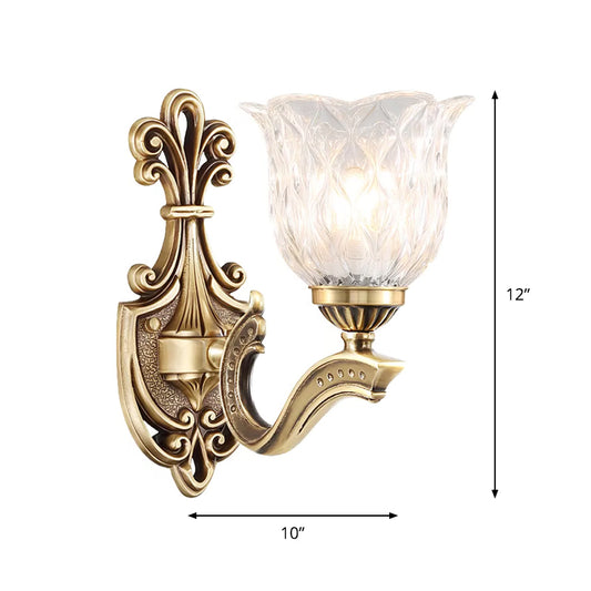 1/2-Head Wall Lighting Idea Cottage Blossom Clear Lattice Glass Brass Sconce Light Fixture Clearhalo 'Wall Lamps & Sconces' 'Wall Lights' Lighting' 1688174