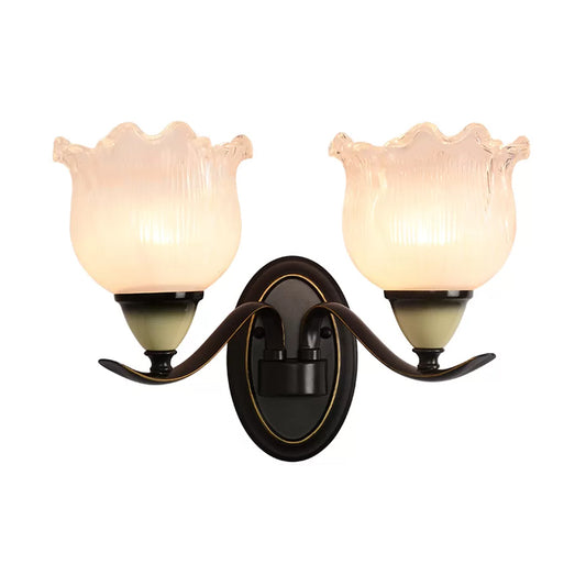 Vintage Blossom Sconce Lamp 1/2-Bulb Opal Ribbed Glass Wall Lighting Idea in Black for Living Room Clearhalo 'Wall Lamps & Sconces' 'Wall Lights' Lighting' 1688187