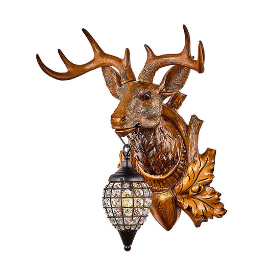 Brown Single Light Wall Sconce Classic Resin Deer Head Wall Lighting Fixture with Teardrop Clear Faceted Crystal Shade Clearhalo 'Wall Lamps & Sconces' 'Wall Lights' Lighting' 1688208