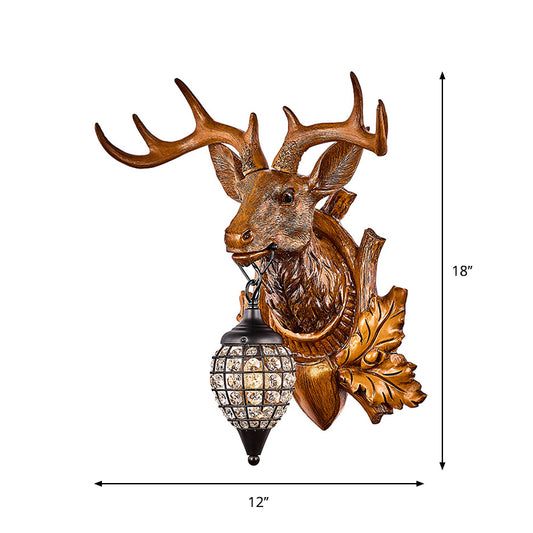 Brown Single Light Wall Sconce Classic Resin Deer Head Wall Lighting Fixture with Teardrop Clear Faceted Crystal Shade Clearhalo 'Wall Lamps & Sconces' 'Wall Lights' Lighting' 1688209