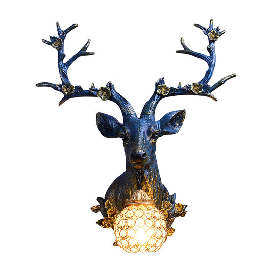 White/Blue 1 Light Wall Lamp Country Style Resin Deer and Flower Wall Mounted Lighting with Faceted Clear Crystal Shade Clearhalo 'Wall Lamps & Sconces' 'Wall Lights' Lighting' 1688224