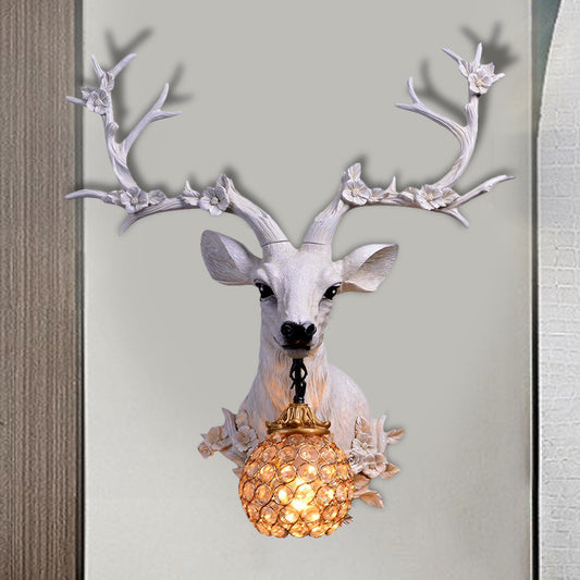 White/Blue 1 Light Wall Lamp Country Style Resin Deer and Flower Wall Mounted Lighting with Faceted Clear Crystal Shade Clearhalo 'Wall Lamps & Sconces' 'Wall Lights' Lighting' 1688228