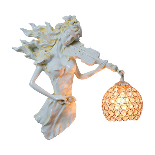Antiqued Girl Holding Violin Wall Lamp Single Bulb Resin Wall Light Sconce with Ball Beveled Clear crystal Shade in White/Gold Clearhalo 'Wall Lamps & Sconces' 'Wall Lights' Lighting' 1688237