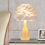 Rounded Study Room Night Table Lamp Feather 1-Head Minimalist Desk Light with Bottle Wood Base in White White Clearhalo 'Lamps' 'Table Lamps' Lighting' 1688246