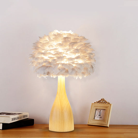 Rounded Study Room Night Table Lamp Feather 1-Head Minimalist Desk Light with Bottle Wood Base in White Clearhalo 'Lamps' 'Table Lamps' Lighting' 1688247