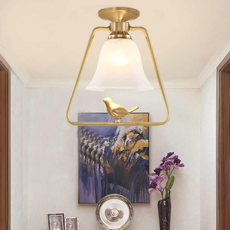 Frosted Glass Gold Ceiling Lighting Bell Shape 1 Head Vintage Semi Flush Light with Trapezoid Cage and Bird Design Gold Clearhalo 'Ceiling Lights' 'Close To Ceiling Lights' 'Close to ceiling' 'Glass shade' 'Glass' 'Semi-flushmount' Lighting' 1688255