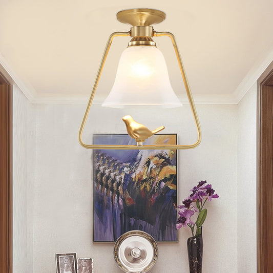 Frosted Glass Gold Ceiling Lighting Bell Shape 1 Head Vintage Semi Flush Light with Trapezoid Cage and Bird Design Gold Clearhalo 'Ceiling Lights' 'Close To Ceiling Lights' 'Close to ceiling' 'Glass shade' 'Glass' 'Semi-flushmount' Lighting' 1688255