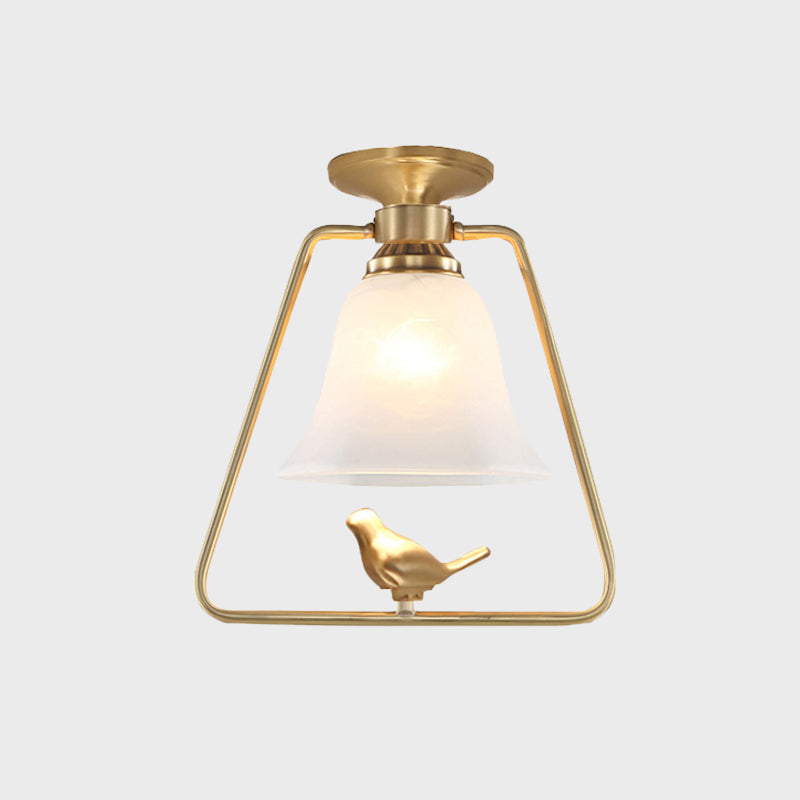 Frosted Glass Gold Ceiling Lighting Bell Shape 1 Head Vintage Semi Flush Light with Trapezoid Cage and Bird Design Clearhalo 'Ceiling Lights' 'Close To Ceiling Lights' 'Close to ceiling' 'Glass shade' 'Glass' 'Semi-flushmount' Lighting' 1688256