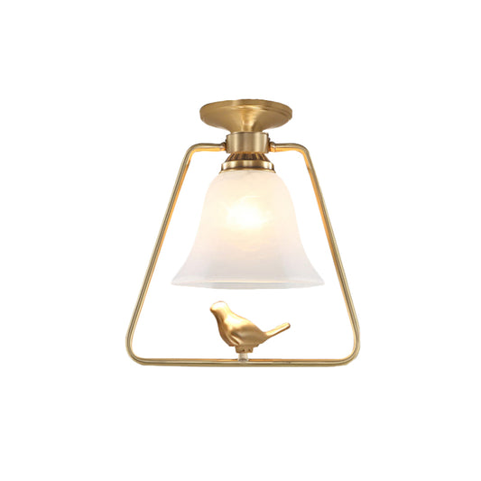 Frosted Glass Gold Ceiling Lighting Bell Shape 1 Head Vintage Semi Flush Light with Trapezoid Cage and Bird Design Clearhalo 'Ceiling Lights' 'Close To Ceiling Lights' 'Close to ceiling' 'Glass shade' 'Glass' 'Semi-flushmount' Lighting' 1688257