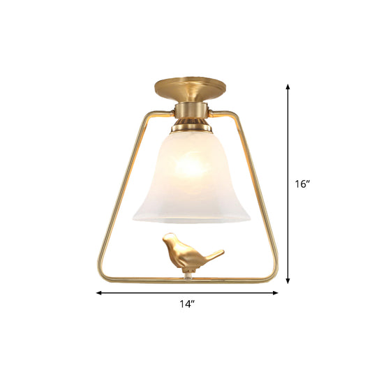 Frosted Glass Gold Ceiling Lighting Bell Shape 1 Head Vintage Semi Flush Light with Trapezoid Cage and Bird Design Clearhalo 'Ceiling Lights' 'Close To Ceiling Lights' 'Close to ceiling' 'Glass shade' 'Glass' 'Semi-flushmount' Lighting' 1688258