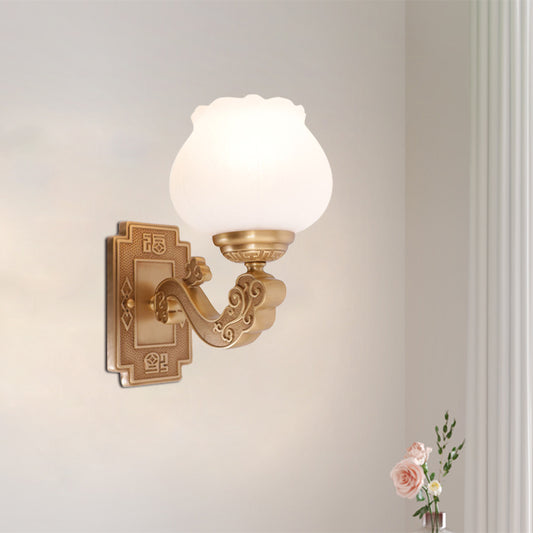 Milky Glass Brass Wall Mounted Light Blossom 1 Head Countryside Wall Lighting for Living Room Clearhalo 'Wall Lamps & Sconces' 'Wall Lights' Lighting' 1688268