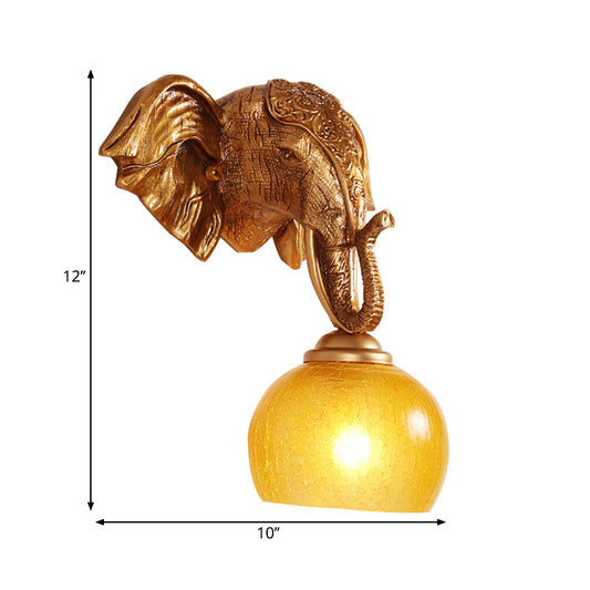 Gold 1-Bulb Wall Lighting Traditional Orb Crackle Frosted Glass Wall Sconce with Resin Elephant Backplate Clearhalo 'Wall Lamps & Sconces' 'Wall Lights' Lighting' 1688274