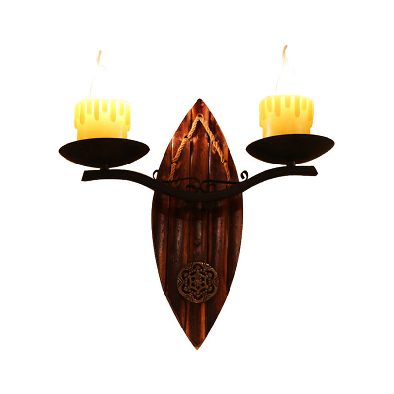 Beige 2 Lights Wall Lamp Farmhouse Metallic Candle Wall Lighting Fixture with Shuttle-Like Backplate Clearhalo 'Industrial wall lights' 'Industrial' 'Middle century wall lights' 'Tiffany' 'Wall Lamps & Sconces' 'Wall Lights' Lighting' 1688338