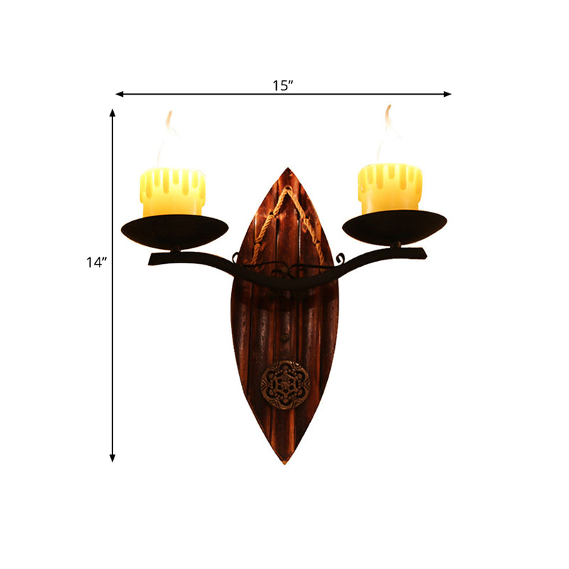 Beige 2 Lights Wall Lamp Farmhouse Metallic Candle Wall Lighting Fixture with Shuttle-Like Backplate Clearhalo 'Industrial wall lights' 'Industrial' 'Middle century wall lights' 'Tiffany' 'Wall Lamps & Sconces' 'Wall Lights' Lighting' 1688339