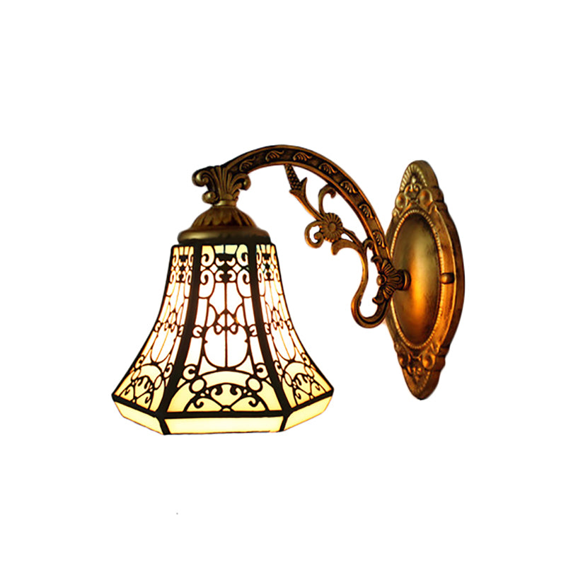 Stained Glass Bell Wall Sconce with Aged Brass Curved Arm 1 Light Lodge Wall Mount Light Clearhalo 'Industrial' 'Middle century wall lights' 'Tiffany wall lights' 'Tiffany' 'Wall Lamps & Sconces' 'Wall Lights' Lighting' 168834