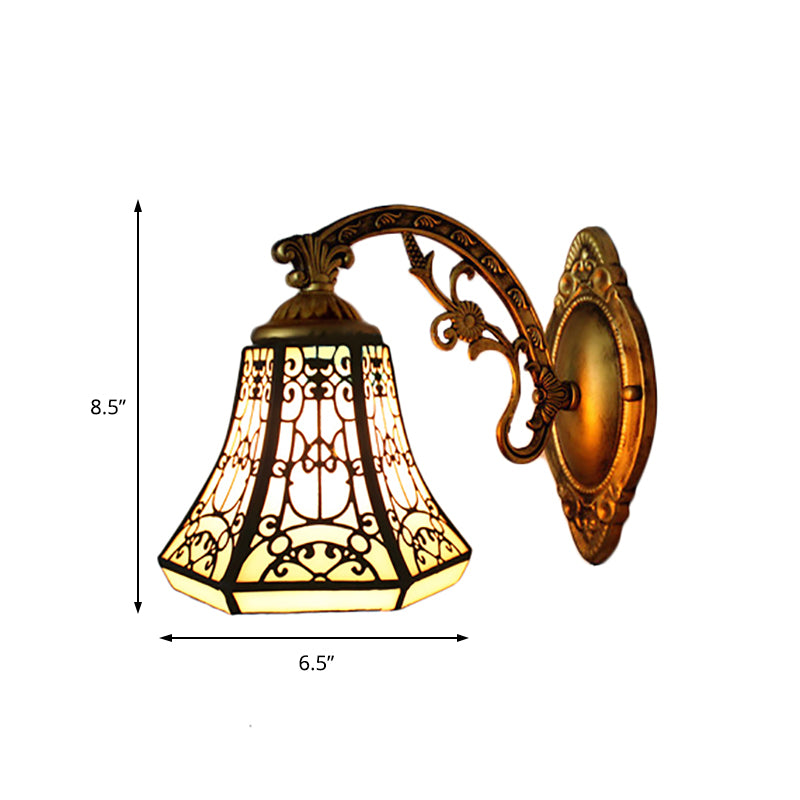 Stained Glass Bell Wall Sconce with Aged Brass Curved Arm 1 Light Lodge Wall Mount Light Clearhalo 'Industrial' 'Middle century wall lights' 'Tiffany wall lights' 'Tiffany' 'Wall Lamps & Sconces' 'Wall Lights' Lighting' 168835