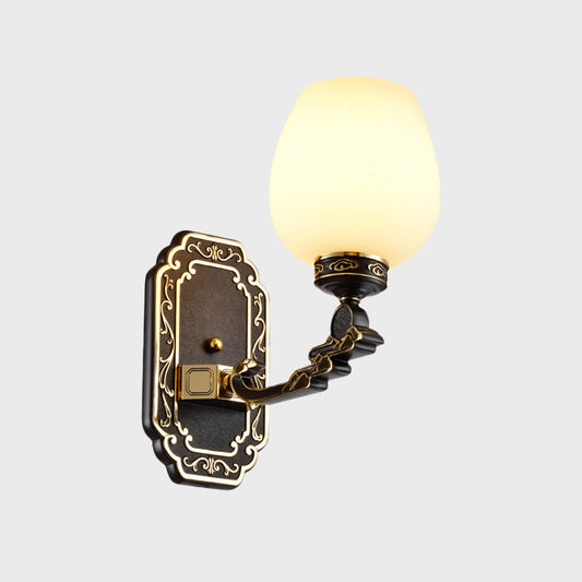 Classic Cup-like Wall Sconce 1-Head Cream Glass Etching Wall Mounted Lighting in Black Clearhalo 'Wall Lamps & Sconces' 'Wall Lights' Lighting' 1688373