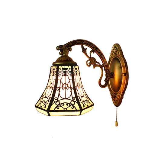 Stained Glass Bell Wall Sconce with Aged Brass Curved Arm 1 Light Lodge Wall Mount Light Clearhalo 'Industrial' 'Middle century wall lights' 'Tiffany wall lights' 'Tiffany' 'Wall Lamps & Sconces' 'Wall Lights' Lighting' 168837