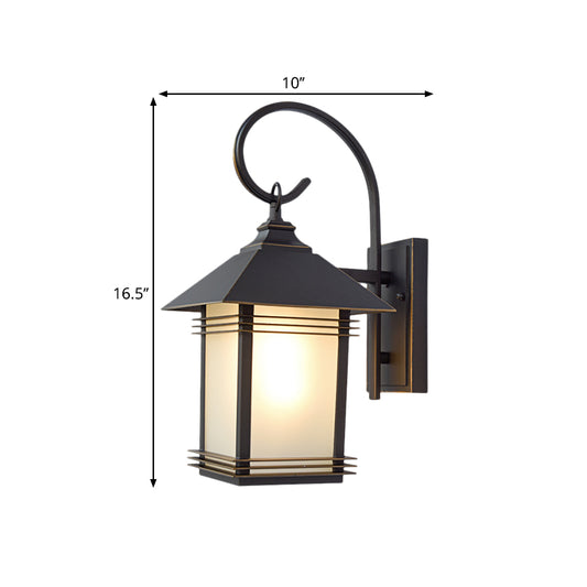 Black Lantern Wall Lamp Fixture Rustic Opaque Glass 1 Light Outdoor Wall Mounted Lighting Clearhalo 'Art deco wall lights' 'Cast Iron' 'Glass' 'Industrial wall lights' 'Industrial' 'Middle century wall lights' 'Modern' 'Rustic wall lights' 'Tiffany' 'Traditional wall lights' 'Wall Lamps & Sconces' 'Wall Lights' Lighting' 1688388