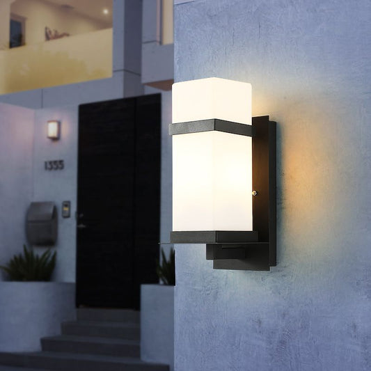 Rectangle White Glass Wall Lamp Fixture Retro 1 Light Porch Wall Sconce Lighting in Black, 5"/6" Wide Clearhalo 'Art deco wall lights' 'Cast Iron' 'Glass' 'Industrial wall lights' 'Industrial' 'Middle century wall lights' 'Modern' 'Rustic wall lights' 'Tiffany' 'Traditional wall lights' 'Wall Lamps & Sconces' 'Wall Lights' Lighting' 1688394
