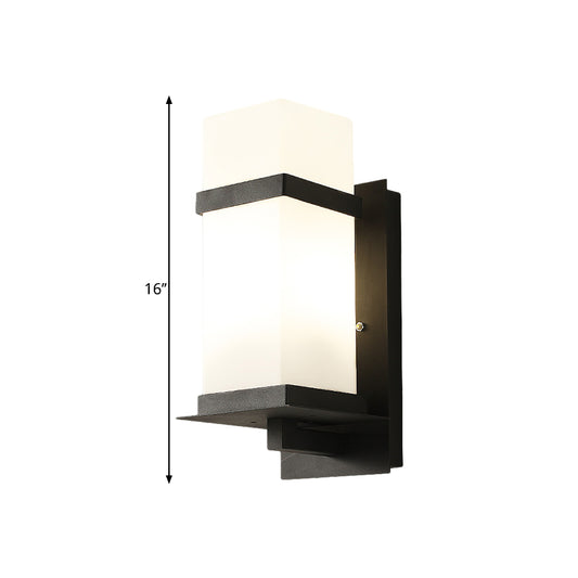 Rectangle White Glass Wall Lamp Fixture Retro 1 Light Porch Wall Sconce Lighting in Black, 5"/6" Wide Clearhalo 'Art deco wall lights' 'Cast Iron' 'Glass' 'Industrial wall lights' 'Industrial' 'Middle century wall lights' 'Modern' 'Rustic wall lights' 'Tiffany' 'Traditional wall lights' 'Wall Lamps & Sconces' 'Wall Lights' Lighting' 1688397