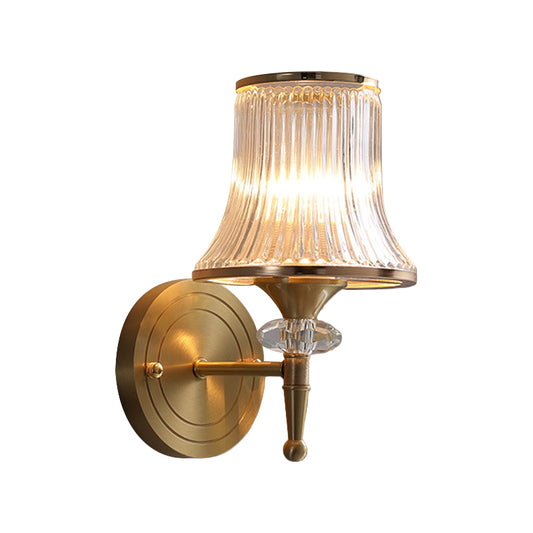 Conic Clear Ribbed Glass Wall Light Fixture Classic 1/2-Bulb Living Room Wall Sconce in Brass with Crystal Accent Clearhalo 'Wall Lamps & Sconces' 'Wall Lights' Lighting' 1688417