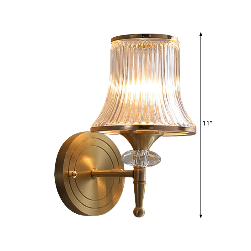 Conic Clear Ribbed Glass Wall Light Fixture Classic 1/2-Bulb Living Room Wall Sconce in Brass with Crystal Accent Clearhalo 'Wall Lamps & Sconces' 'Wall Lights' Lighting' 1688418
