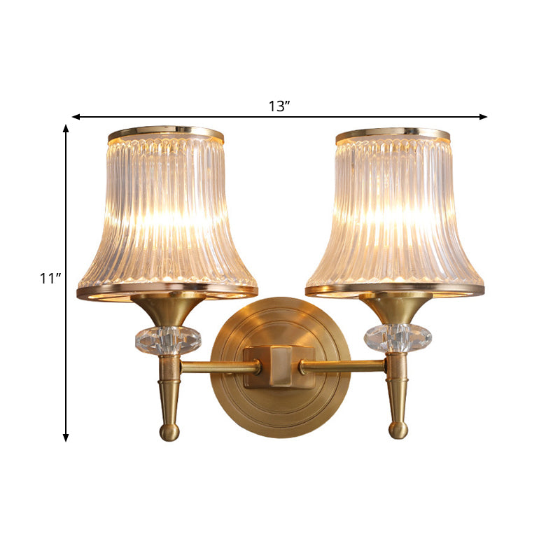 Conic Clear Ribbed Glass Wall Light Fixture Classic 1/2-Bulb Living Room Wall Sconce in Brass with Crystal Accent Clearhalo 'Wall Lamps & Sconces' 'Wall Lights' Lighting' 1688423