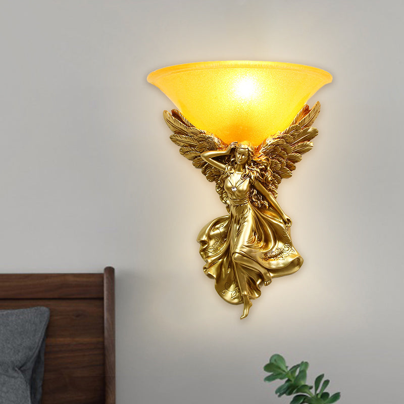 Frosted Glass Bell Shade Wall Lighting Traditional 1 Bulb Corridor Wall Light Sconce with Resin White/Gold Angel Backplate, Right/Left Gold Right Clearhalo 'Wall Lamps & Sconces' 'Wall Lights' Lighting' 1688424
