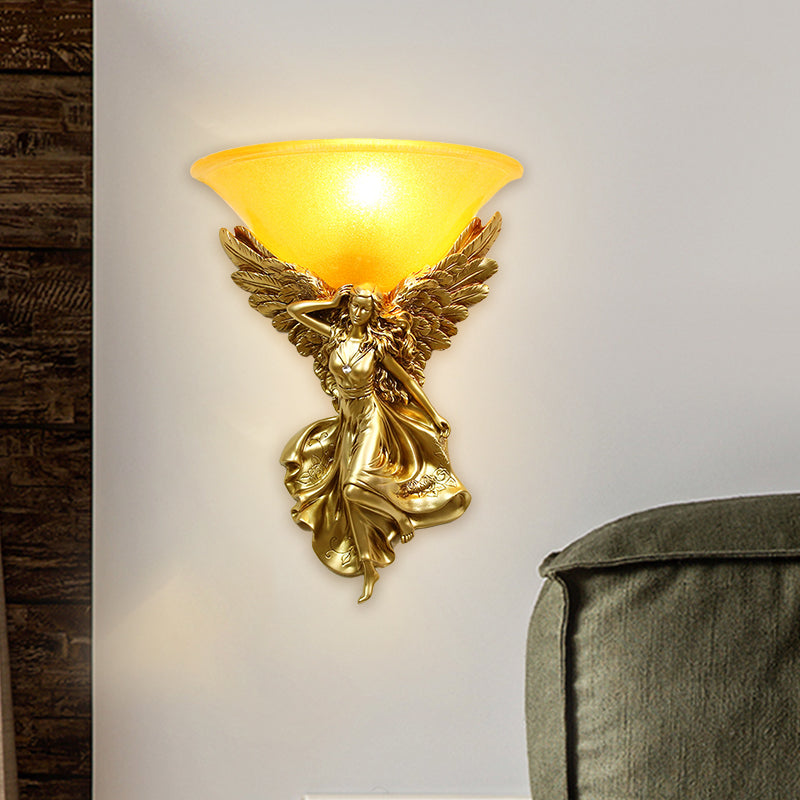 Frosted Glass Bell Shade Wall Lighting Traditional 1 Bulb Corridor Wall Light Sconce with Resin White/Gold Angel Backplate, Right/Left Clearhalo 'Wall Lamps & Sconces' 'Wall Lights' Lighting' 1688425