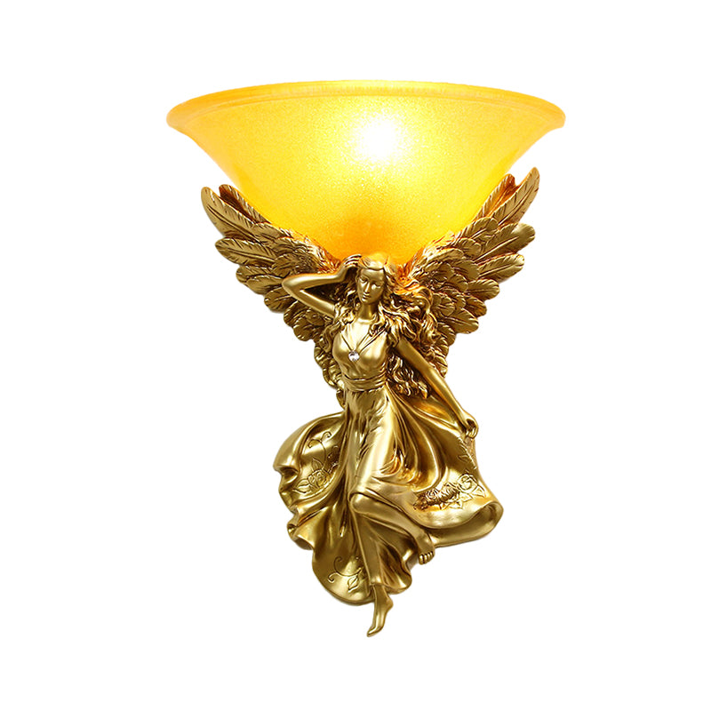 Frosted Glass Bell Shade Wall Lighting Traditional 1 Bulb Corridor Wall Light Sconce with Resin White/Gold Angel Backplate, Right/Left Clearhalo 'Wall Lamps & Sconces' 'Wall Lights' Lighting' 1688426