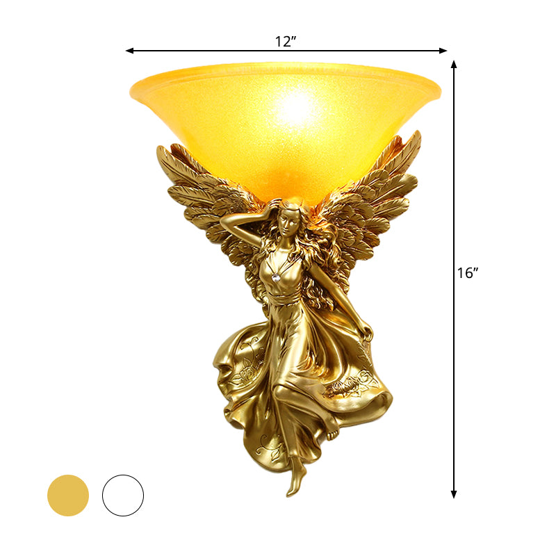 Frosted Glass Bell Shade Wall Lighting Traditional 1 Bulb Corridor Wall Light Sconce with Resin White/Gold Angel Backplate, Right/Left Clearhalo 'Wall Lamps & Sconces' 'Wall Lights' Lighting' 1688427