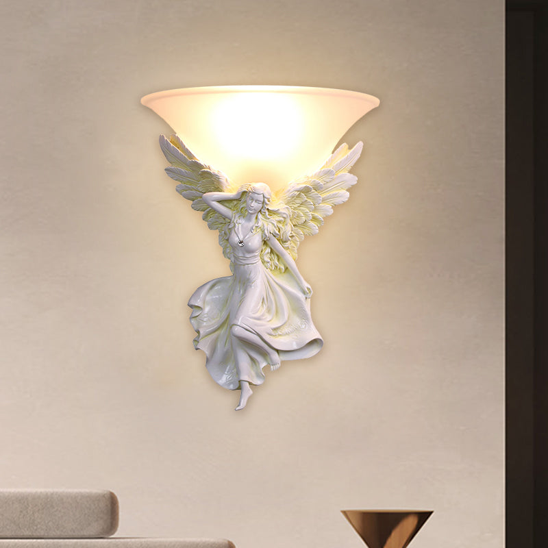 Frosted Glass Bell Shade Wall Lighting Traditional 1 Bulb Corridor Wall Light Sconce with Resin White/Gold Angel Backplate, Right/Left Clearhalo 'Wall Lamps & Sconces' 'Wall Lights' Lighting' 1688429