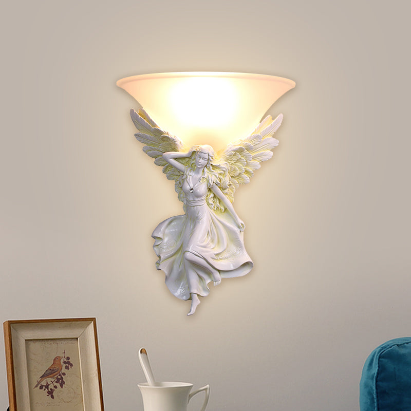 Frosted Glass Bell Shade Wall Lighting Traditional 1 Bulb Corridor Wall Light Sconce with Resin White/Gold Angel Backplate, Right/Left Clearhalo 'Wall Lamps & Sconces' 'Wall Lights' Lighting' 1688430